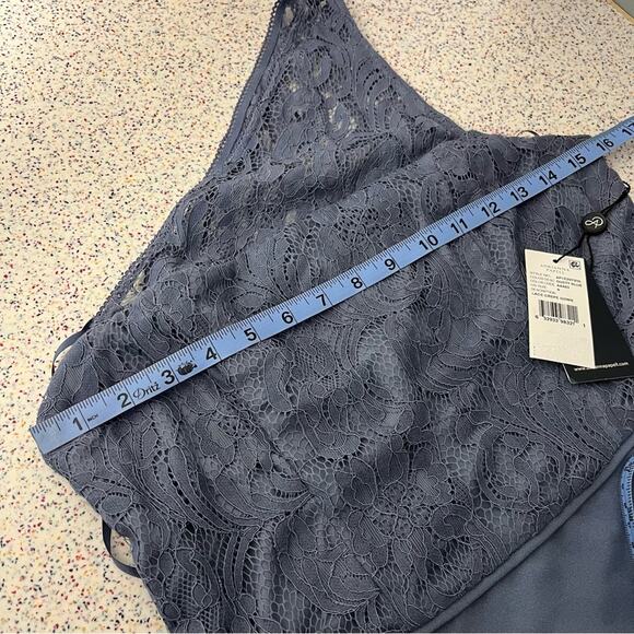 NWT Adrianna Papell One Shoulder Lace Crepe Gown Dusty Blue Women’s Size 8 - Picture 9 of 11
